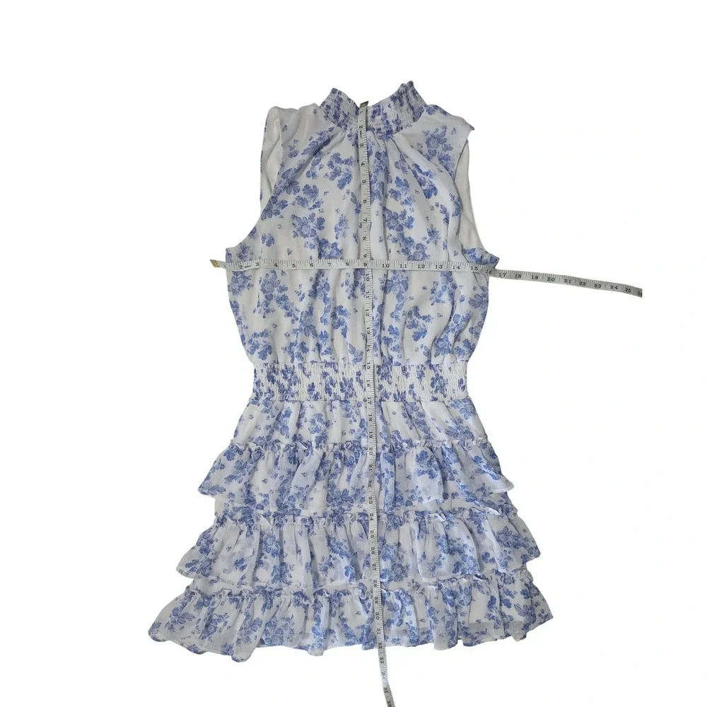 1.STATE Blue White Floral Smocked High Neck Tiered Ruffle Mini Dress Small - Picture 5 of 6